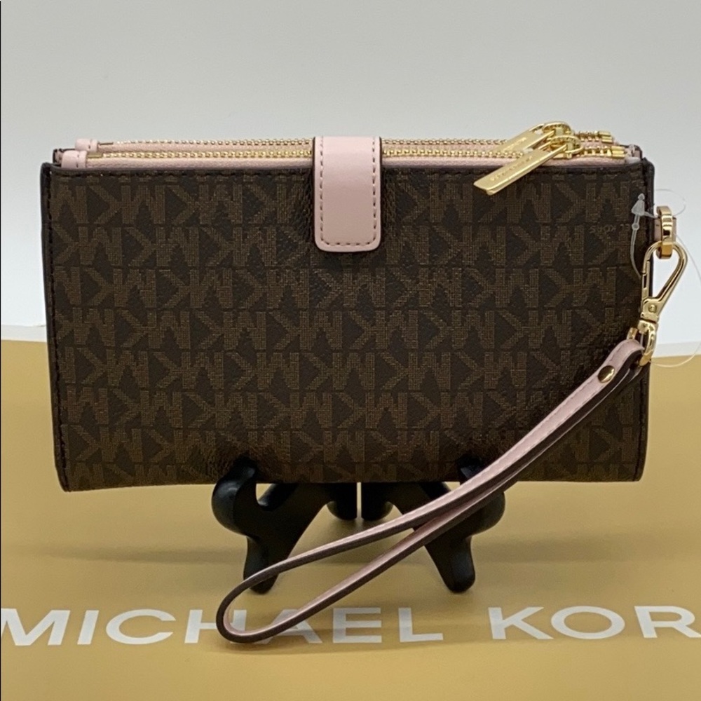 MICHAEL KORS LARGE DOUBLE ZIP WRISTLET POWDER BLUSH MULTI/ BROWN SIGNATURE - Picture 5 of 16